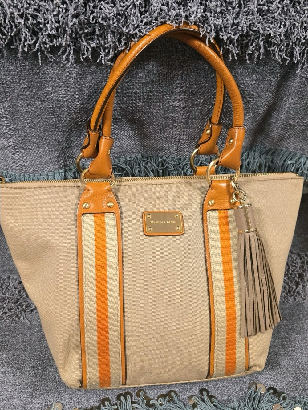 Michael Kors Beige Canvas Tote with Tan Leather Handles and Orange Stripes